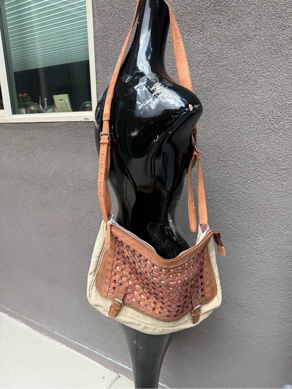 Anabaglish Woven Leather & Canvas Shoulder Bag – Large Boho Artisan Tote